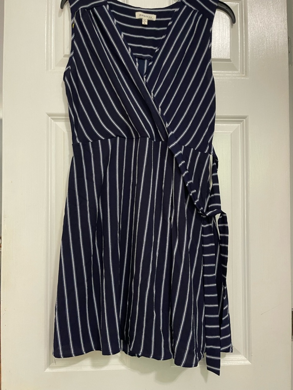 Monteau Navy and White Striped Wrap-Style Midi Dress